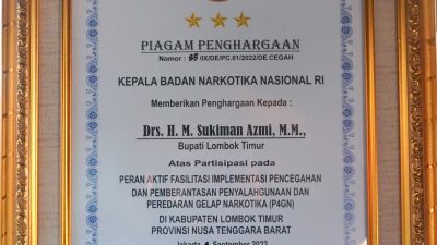Duta Anti Narkoba, Bupati Lombok Timur Menerima Piagam Penghargaan dari BNN