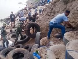 Rawan Bencana, Babinsa Koramil Padangan Bojonegoro dan Warga Pasang Tanggul Penahan Longsor