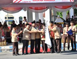 Dandim Ponorogo Hadiri Upacara Pemberangkatan Kirab dan Lomba Defile HUT Pramuka ke-64 Kwarcab Ponorogo